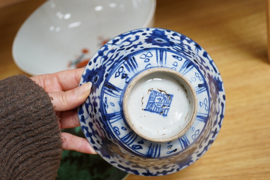 Chinese porcelain to include a famille noire dish and Imari bowl together with an 18th century English blue and white slop bowl, largest 27cm in diameter. Condition - varies